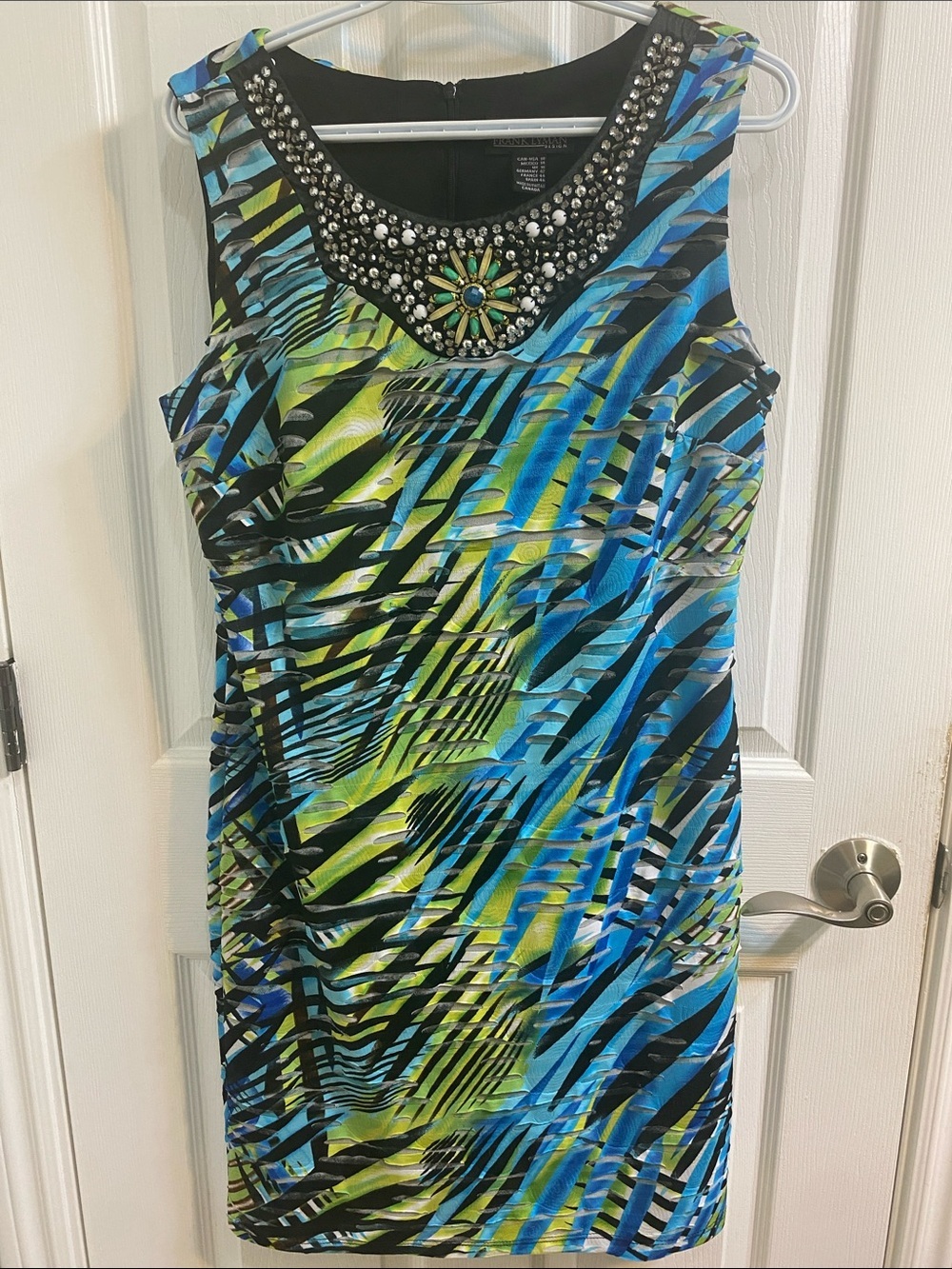 FRANK LYMAN Beaded Bold Colour Jersey Cut Out Dress Size 14 Mermaid Resort Glam